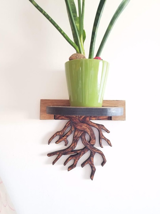 Wall-mounted plant shelf with carved wooden roots