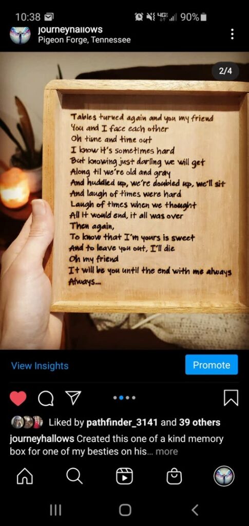 Interior of a handmade wooden memory box with a handwritten friendship poem