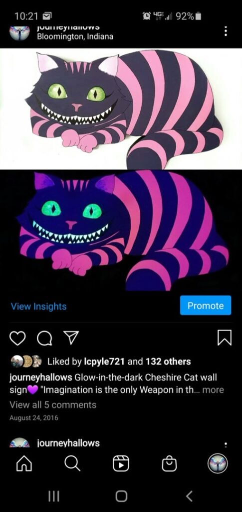 Cheshire Cat wall piece shown in daylight and glowing under ultraviolet light