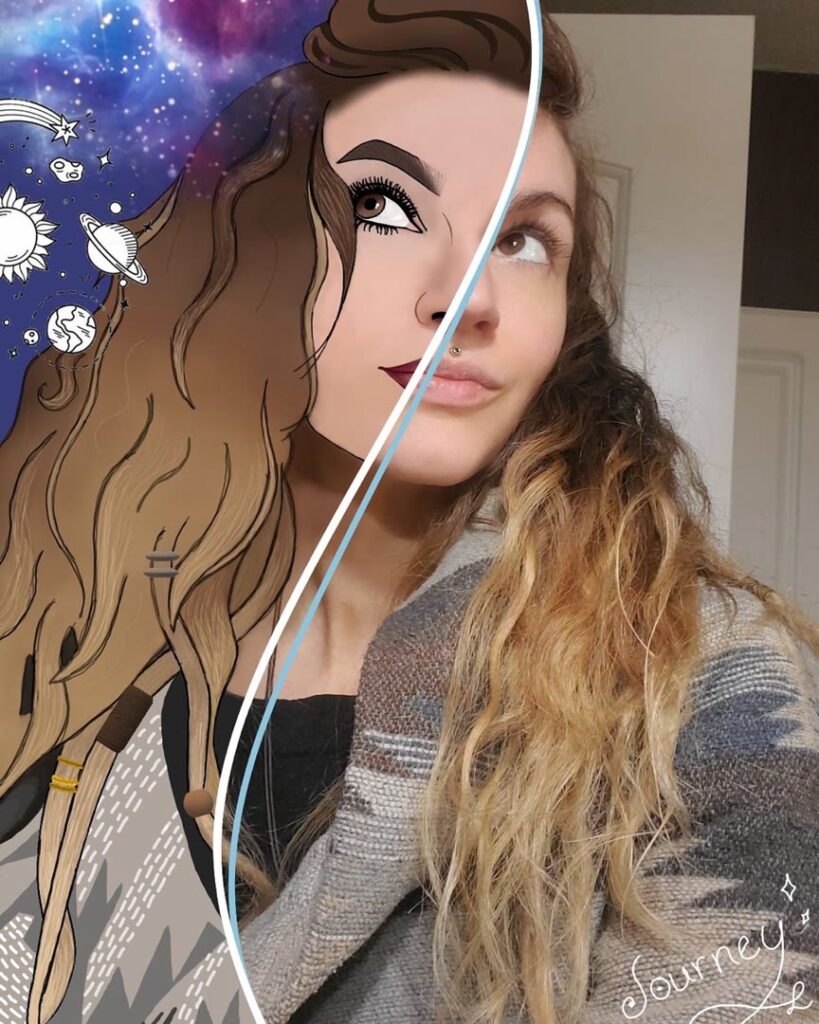 Split portrait combining a photograph of Journey Matthews with a cosmic digital illustration