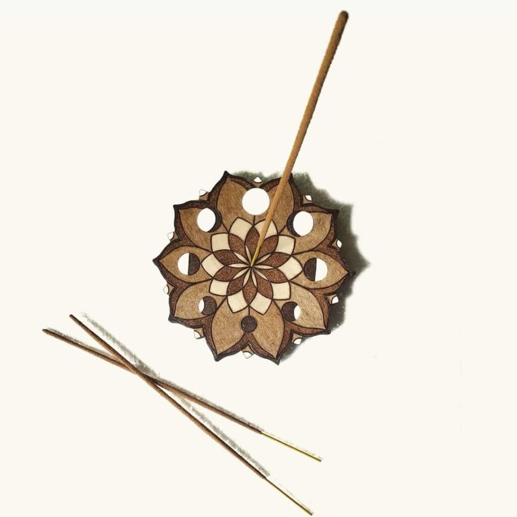 Hand-burned floral moon-phase incense holder with incense sticks